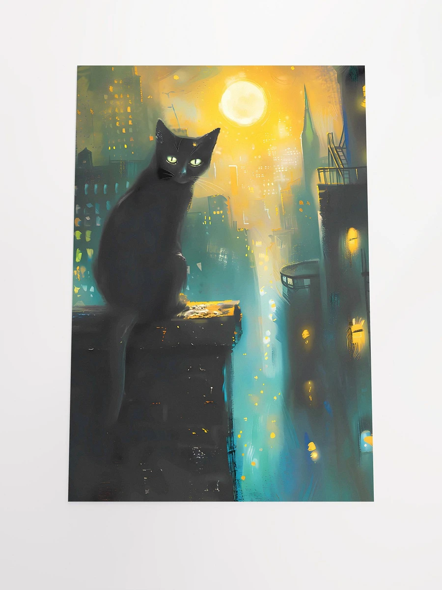 Nocturnal Watch: Black Cat Overlooking the City Lights Art Print Matte Poster product image (3)