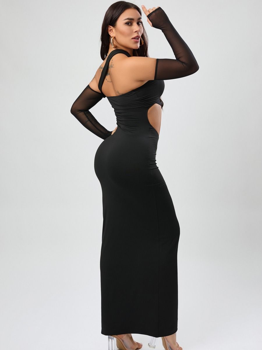 Wholesale high quality slight stretch solid slim hollow sexy maxi dress (with sleeves) product image (5)