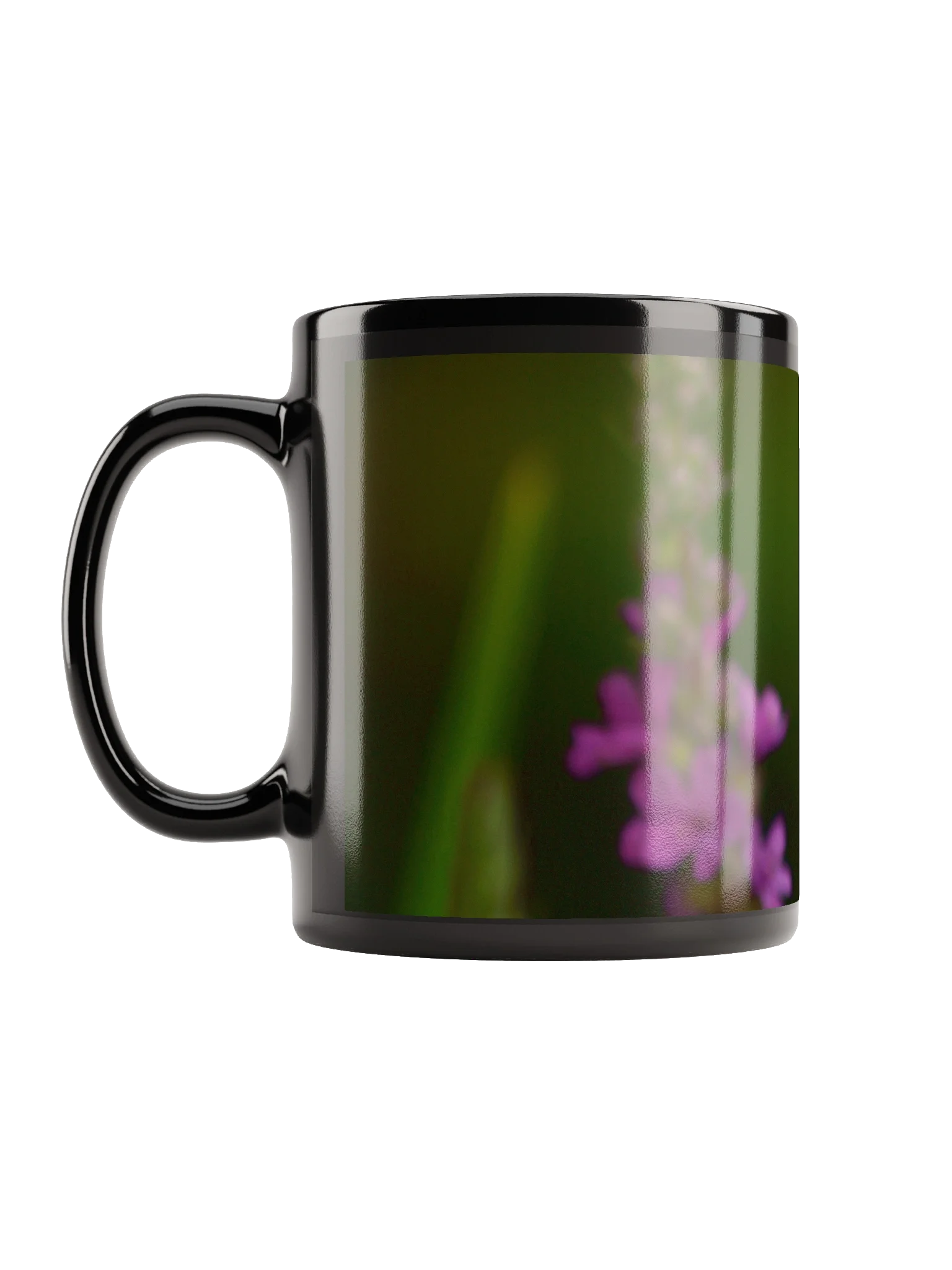 Keramiktasse schwarz - Violette Blüten vor dunklem Hintergrund product image (6)