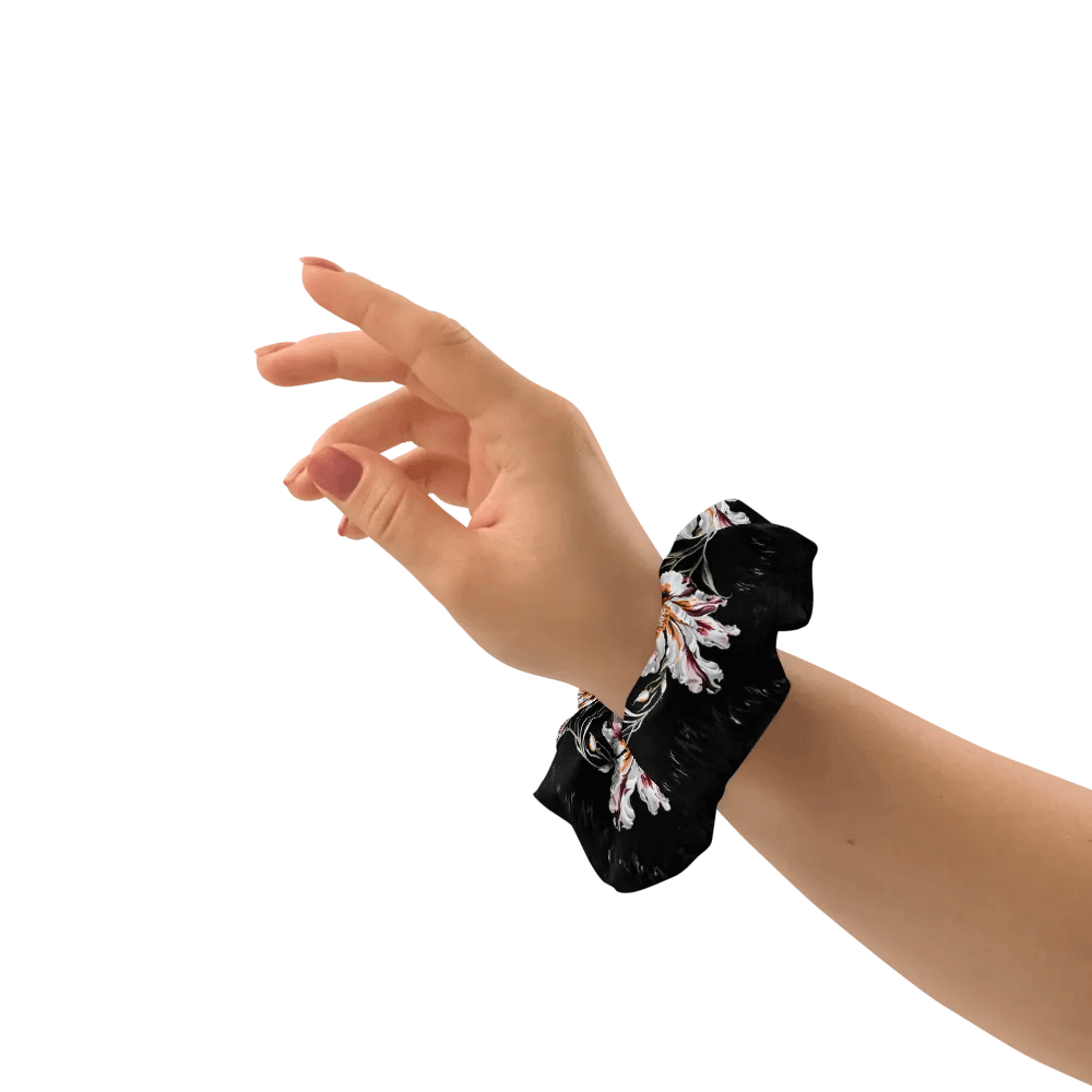 Hair Scrunchie - Painted Pink Flowers on a Black Background product image (8)