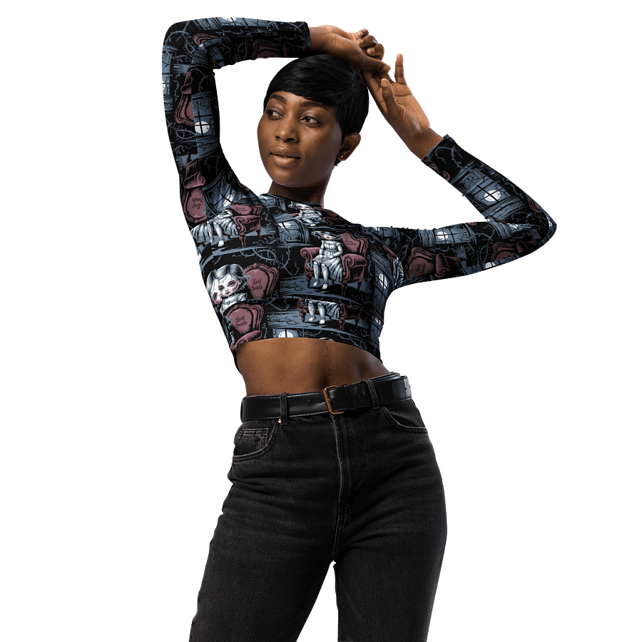 Midnight Veil Designs Gothic All-Over Print Long Sleeve Crop Top - Lost Souls Black product image (3)