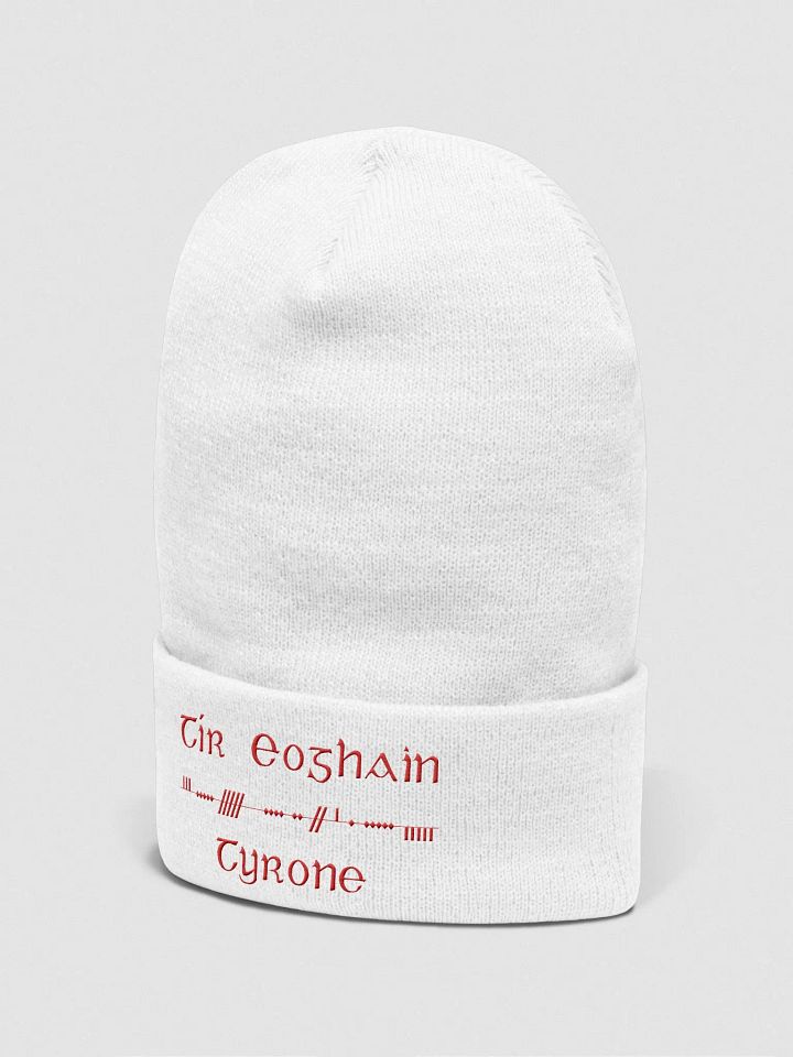 Tyrone/Tír Eoghain Scholastic style Ogham, white with red, embroidered Cuffed Beanie product image (2)