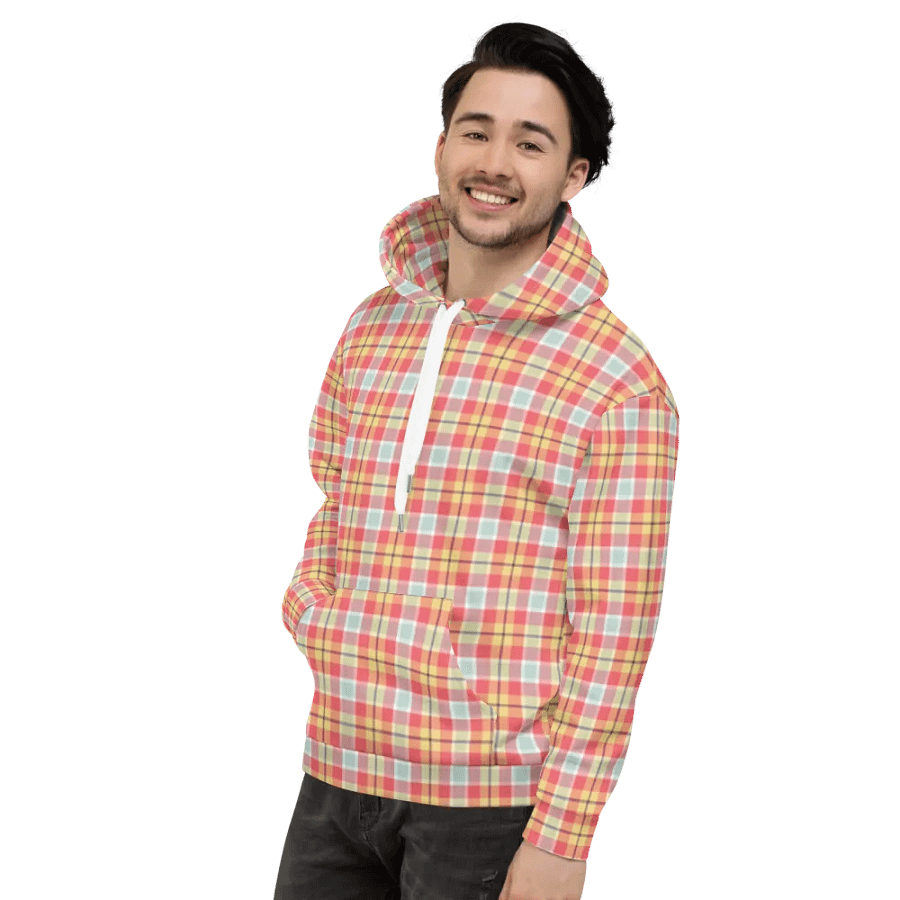 Coral Pink, Yellow, and Mint Green Plaid Hoodie product image (4)