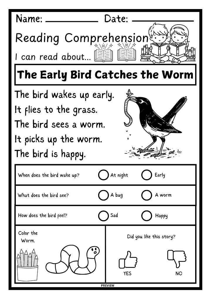 The Early Bird Catches the Worm - Kindergarten Reading Comprehension Worksheet product image (1)