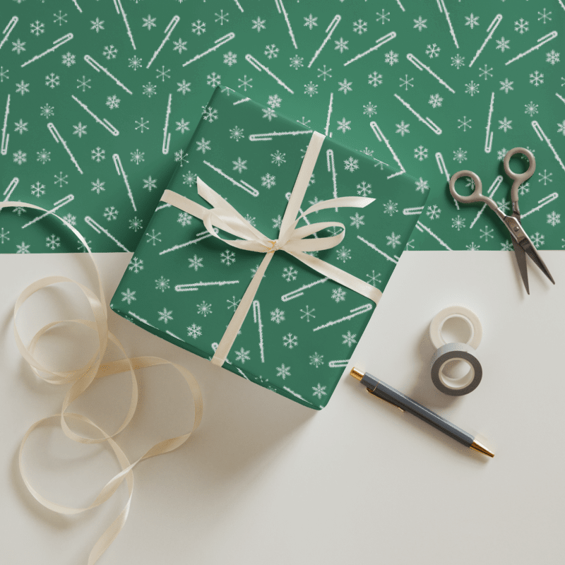 Flutes and Snowflakes - Bass Flute - Green Gift Wrap Paper product image (1)