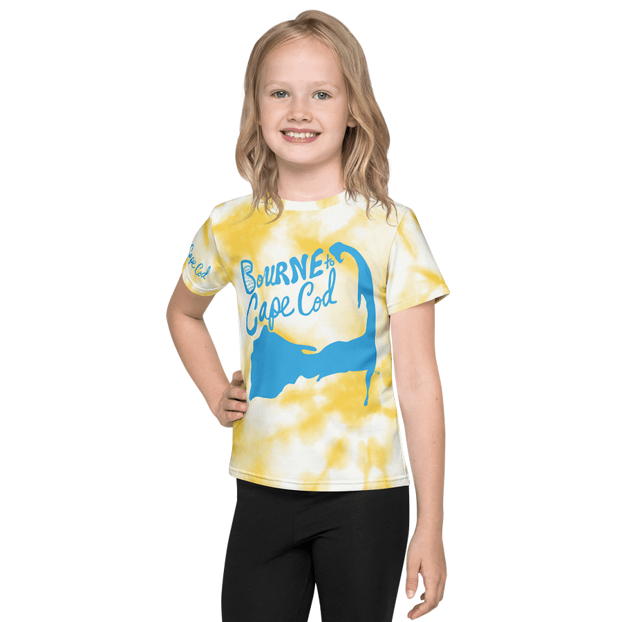 Girls' | Kids T-Shirt | BOURNE to Cape Cod™ | Vibrant Coastal Tee for Kids | Blue Logo on Yellow Tie-Dye product image (1)