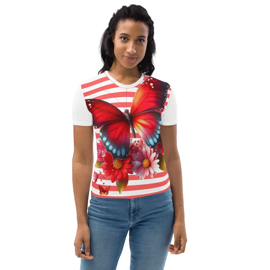 Vibrant Butterfly Paradise Red Stripped Women's T-Shirt product image (10)
