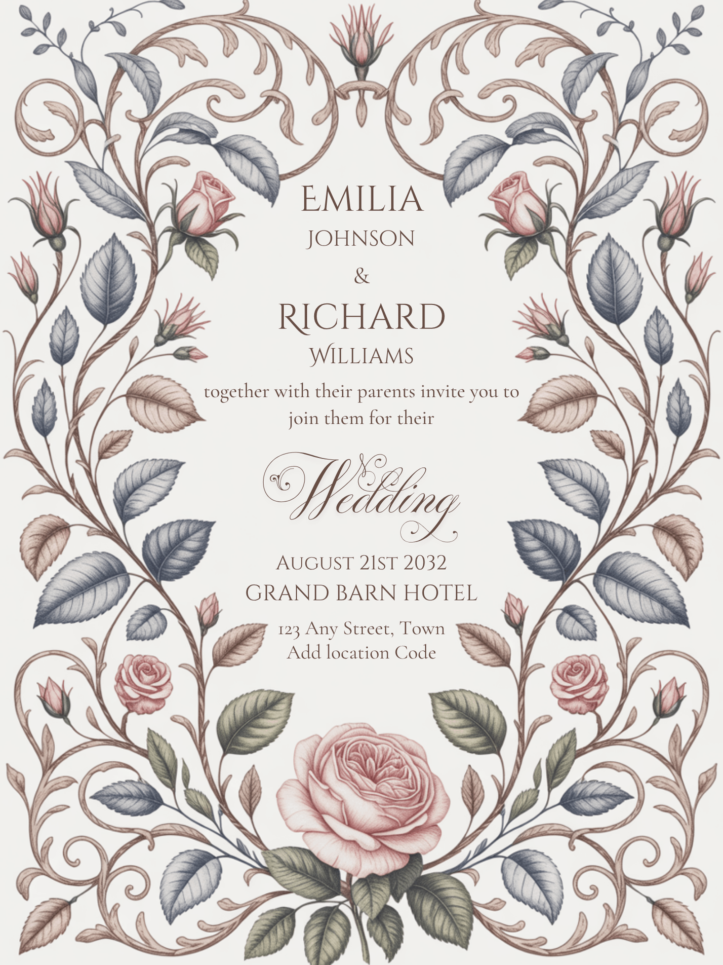 Editable Vintage Wedding Invitations | Edit in Canva | Instant Download Template | Blush Pink Dusty Blue Botanical Floral product image (2)