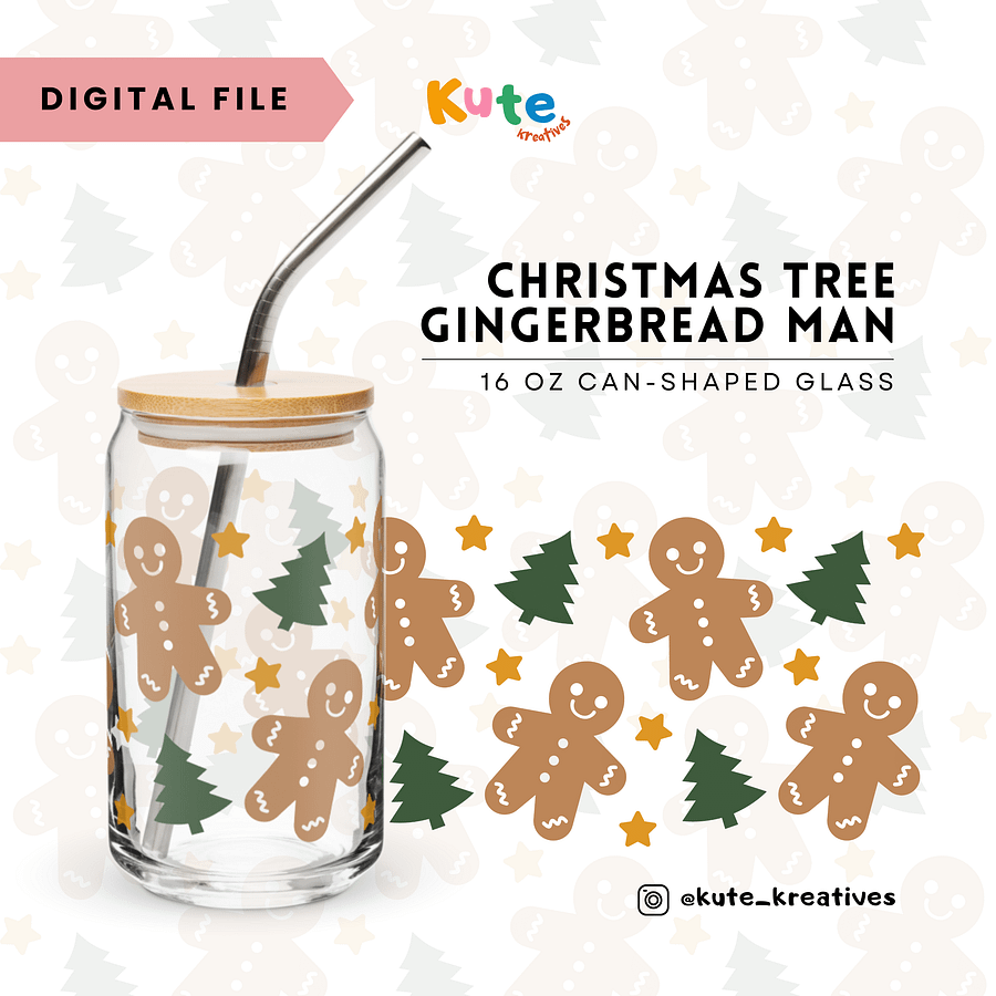 [Digital File] 16oz Can-Shaped Glass Wrap PNG | Christmas Tree Gingerbread Man product image (1)