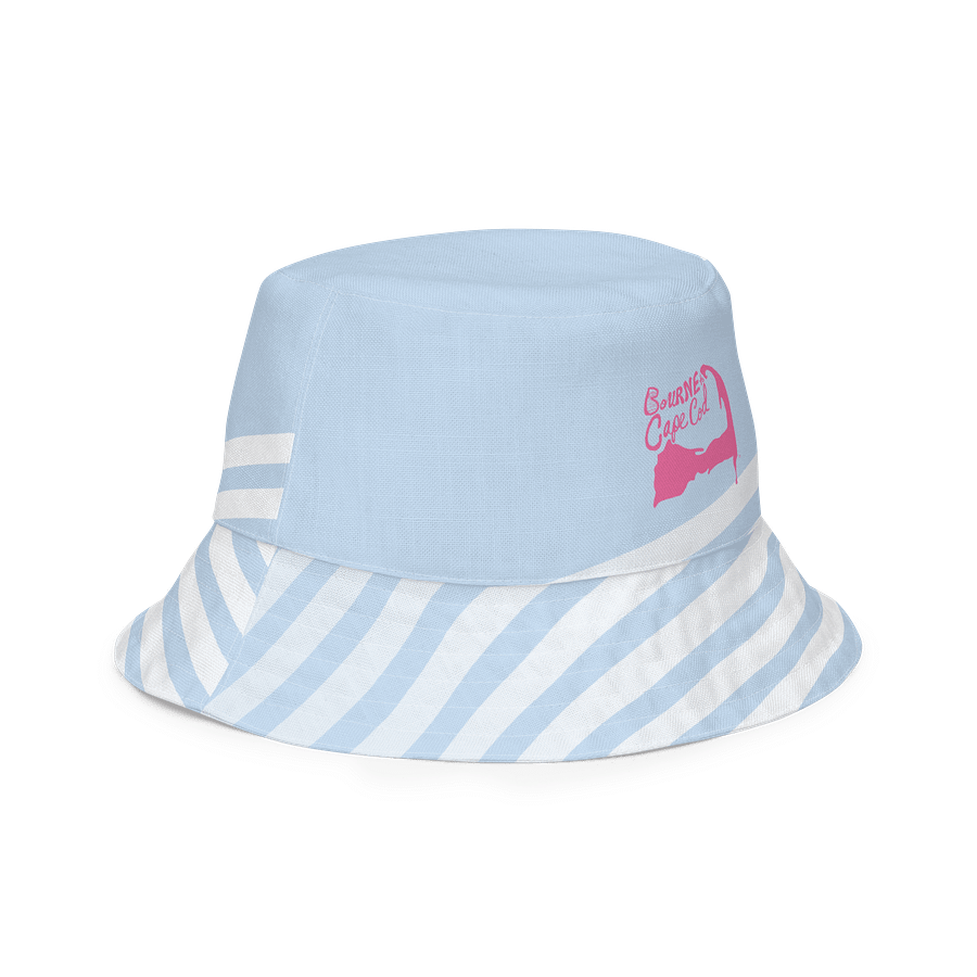 Adults Unisex | Reversible Bucket Hat | BOURNE to Cape Cod™ x BRN.2C.C.™ Logo Print | Coastal Style Sun Hat | Brilliant Rose on Skyline Stripes product image (3)