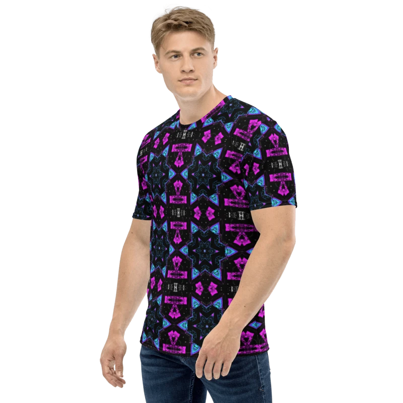 Abstract Pink, Turquoise and Black Repeating Star Pattern Men's T Shirt product image (4)