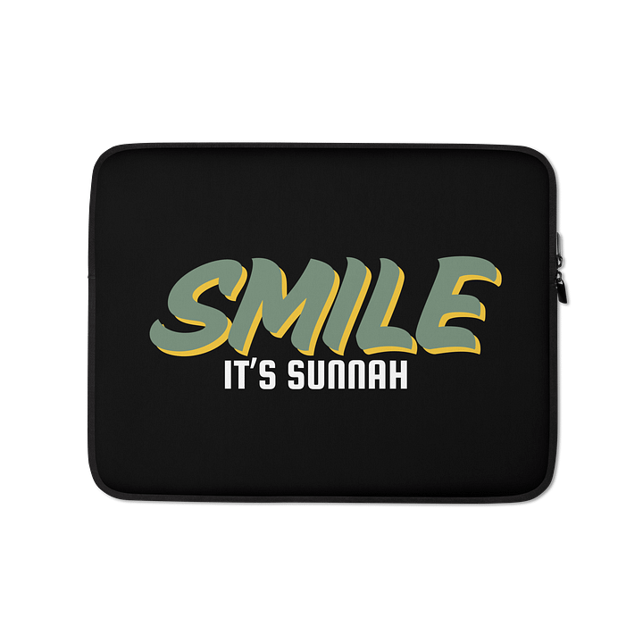 Black "Smile It's Sunnah" Laptop Sleeve in Muted Olive product image (1)