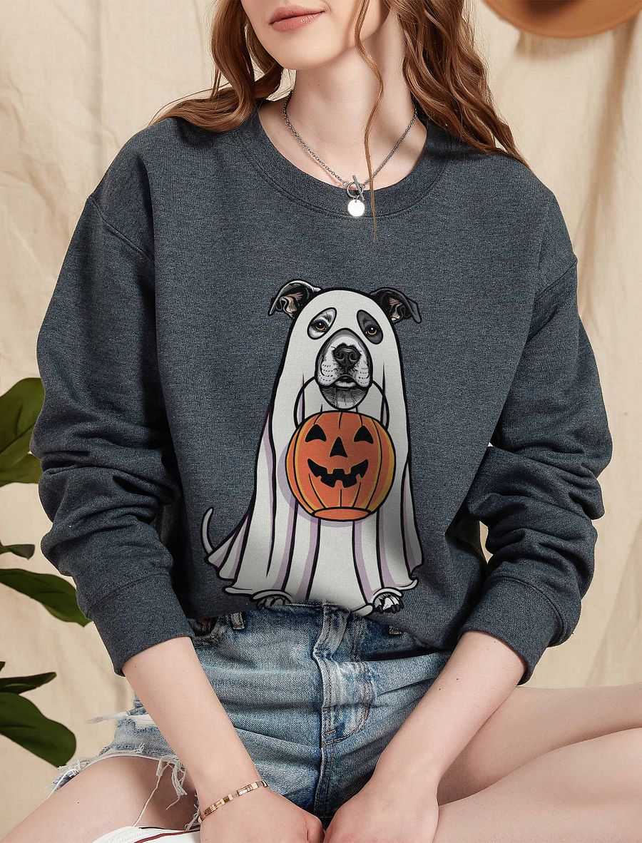 Funny Halloween Staffordshire Terrier(White with Black Patch) Sweatshirt | Funny Staffy Wearing a Ghost Costume and Holding a Pumpkin Basket product image (5)