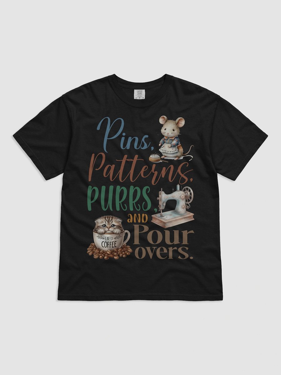 Whimsical Pins Patterns Purrs Coffee Sewing Cat T-Shirt product image (1)