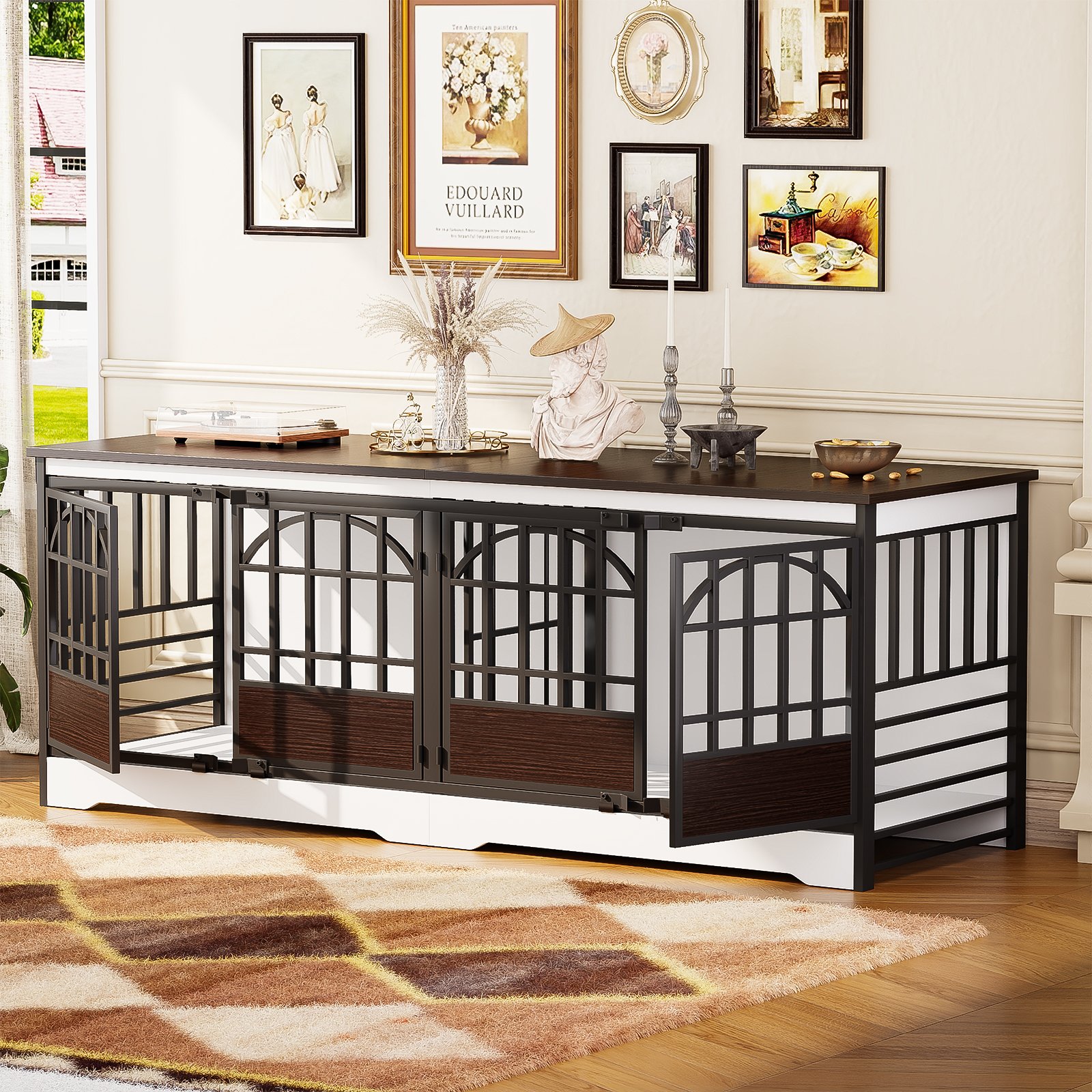 86 Inch Double Dog Crate Furniture for 2 Large Dogs, Decorative Dog Kennel Indoor TV Stand, Heavy Duty Wooden Dog Cage for Large Medium Dogs Sized Dog Pet House with Divider (White) product image (7)