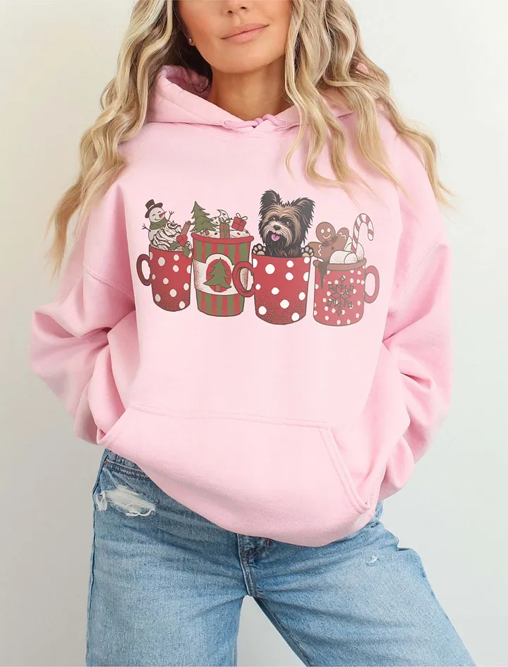 Cute Yorkshire Terrier(2) in a Christmas Cup Hooded Sweatshirt | Funny Christmas Yorkie Pup in a Cup product image (6)