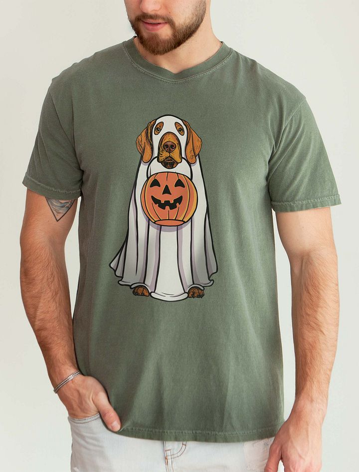Funny Halloween Vizsla T-Shirt | Funny Vizsla Wearing a Ghost Costume and Holding a Pumpkin Basket product image (9)
