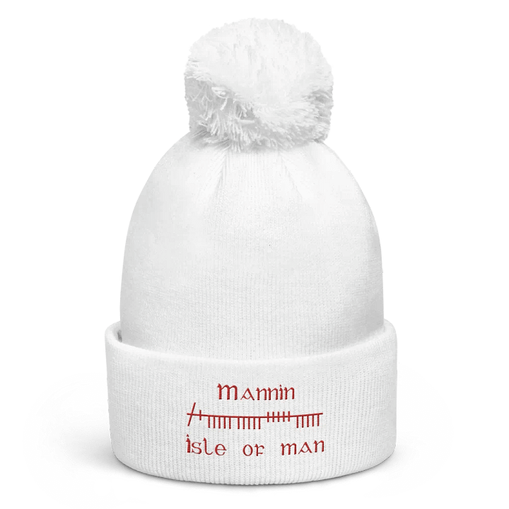 Isle of Man/Mannin Orthodox style Ogham, white with red, embroidered Pom-Pom Beanie product image (1)