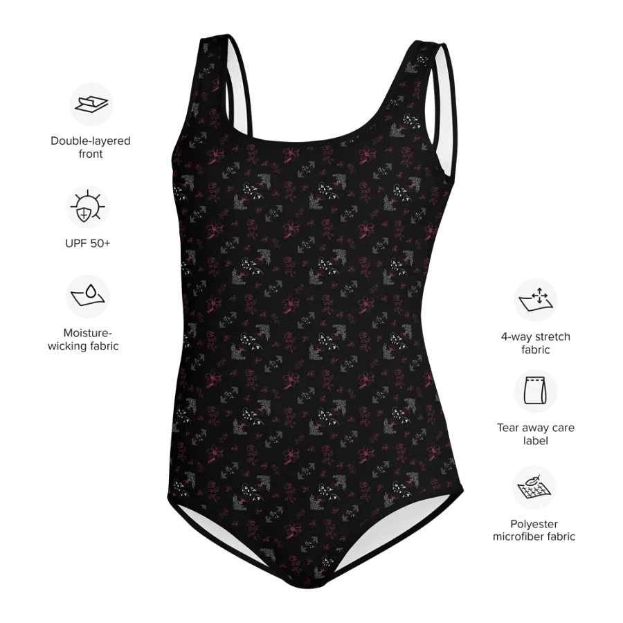 Magenta and White Flowers on Black One-Piece Youth Swimsuit product image (7)