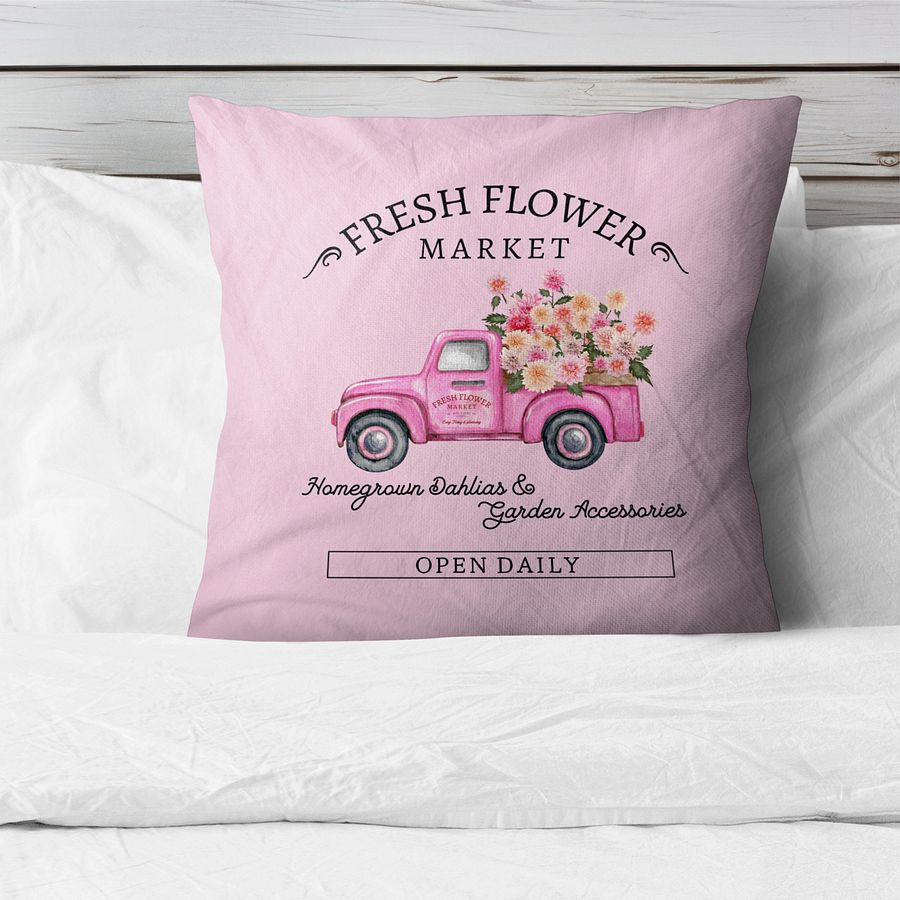 HAPPY DAHLIA VINTAGE TRUCK PINK PILLOW - Laster mit Blumen product image (1)