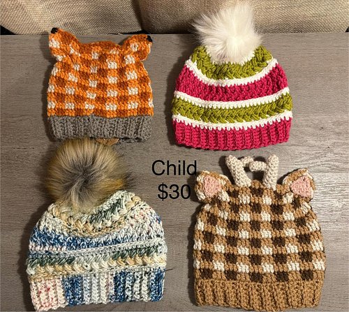 You want children’s hats? I’ve got children’s hats! $30 + $5 shipping. I take custom orders, but I won’t make plaid animal ha...