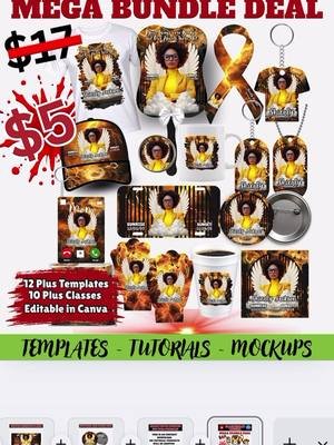 Black and Gold Memorial Mega Bundle Deal.  (12) Plust Templates  10) DIY Tutorials  #memorialkeepsake #inmemoryof #canvatutorial #exoripartycreations #partyfavors 