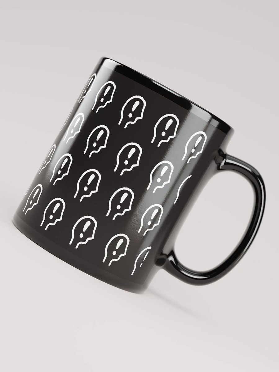 EXCLAIMING MENTALLY (white repeating design) glossy black mug product image (7)