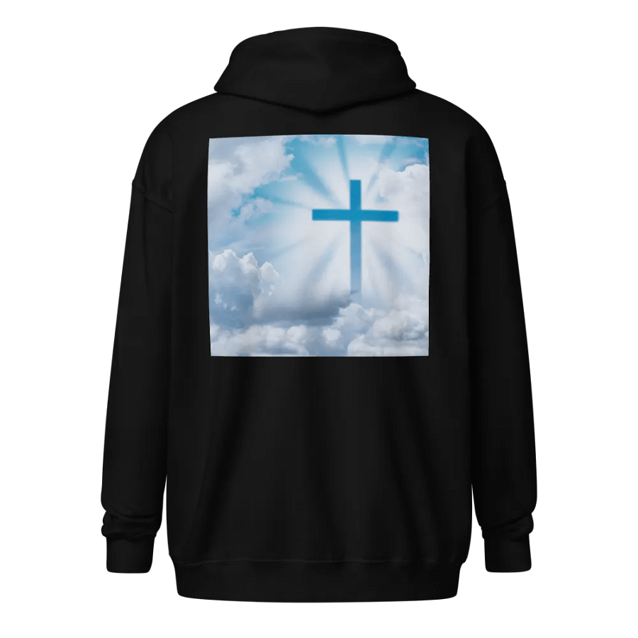 A cross surrounded by a heavenly scene, with rays of light shining through soft clouds in a bright blue sky Hoodie product image (1)