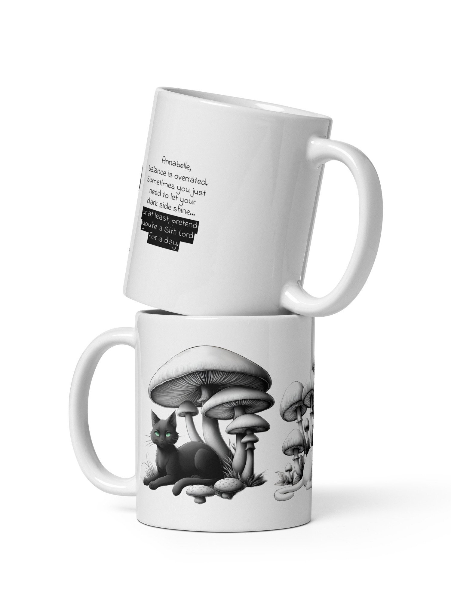 Personalized Black Cat and White Cat Resting Under Giant Mushrooms White Glossy Mug product image (1)