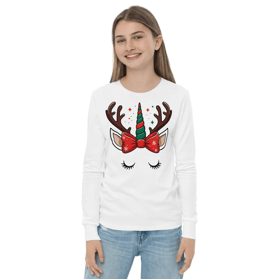 Whimsical Reindeer Unicorn Youth Long Sleeve Tee White product image (2)