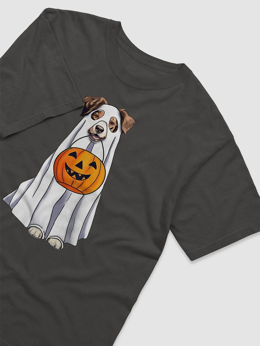 Australian Shepherd(Red Merle) Halloween Tee | Funny Halloween Aussie Wearing a Ghost Costume & Pumpkin Basket product image (8)