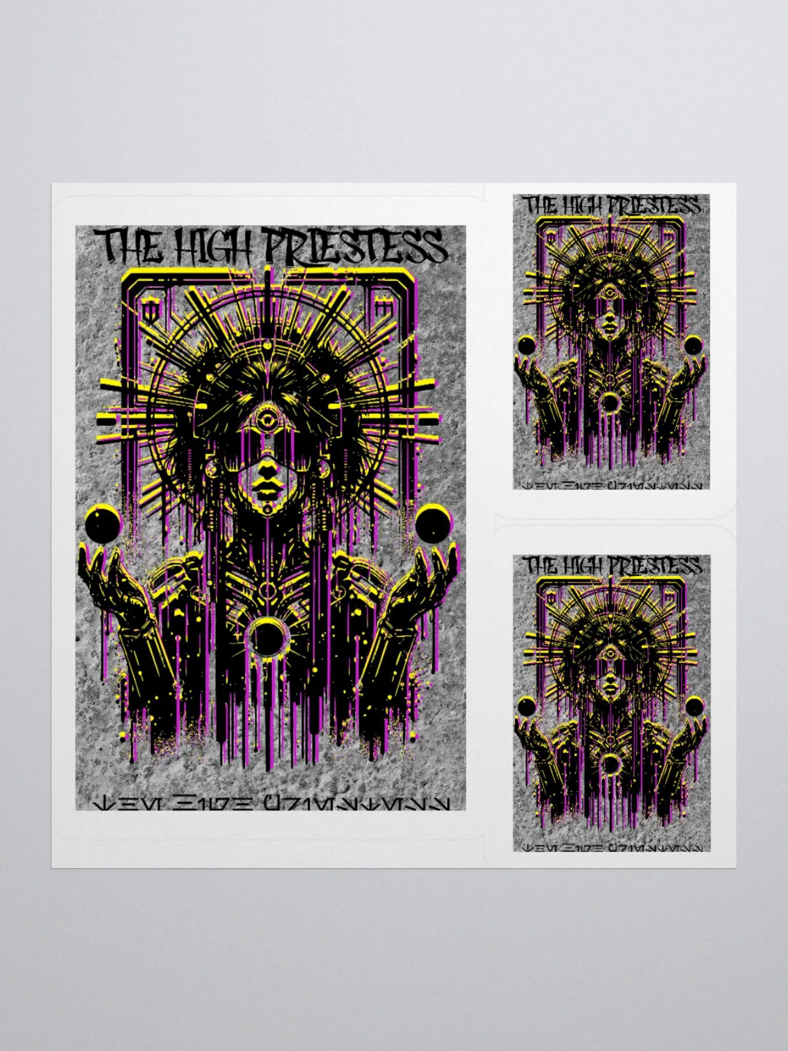 Cyberpunk Tarot Sticker – "The High Priestess" Card with Crystalline Headdress & Floating Orbs – Graffiti Stencil Futuristic Vinyl Decal product image (2)