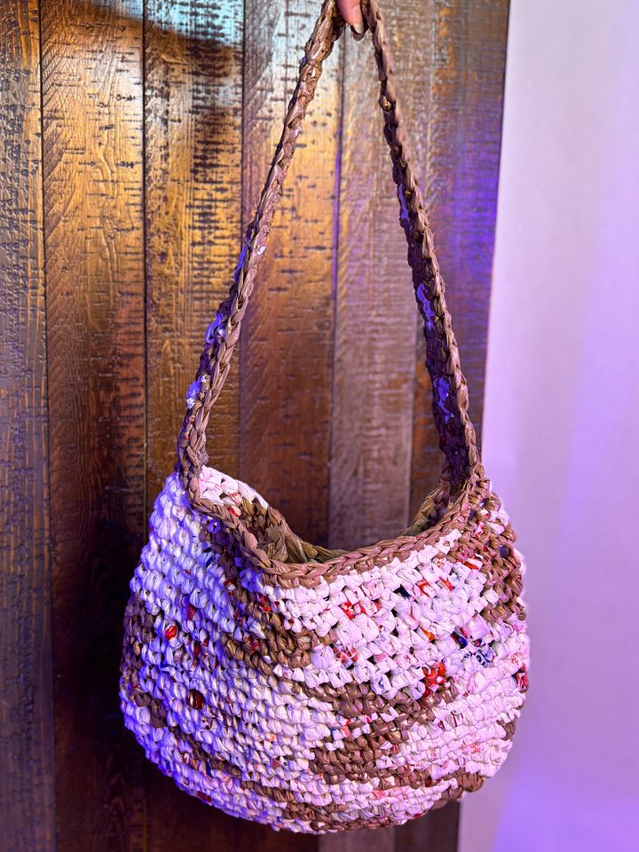 Medium Handcrafted Crochet Tote Bag (white and brown with pops of red and blue) product image (1)