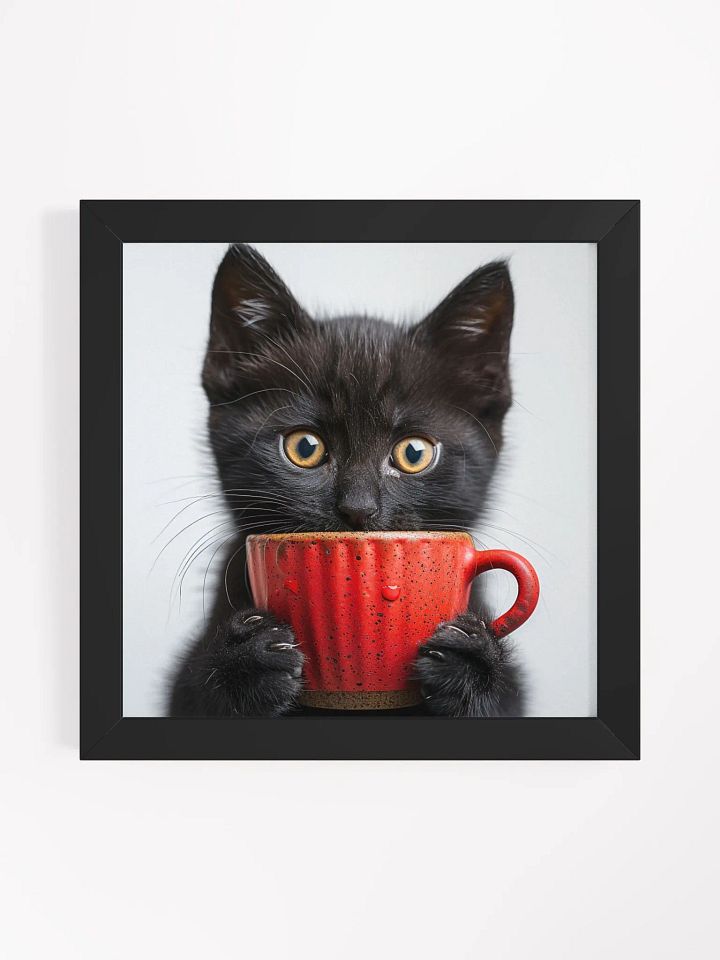 Cute Coffee Lover Black Kitten Framed Wall Art product image (1)