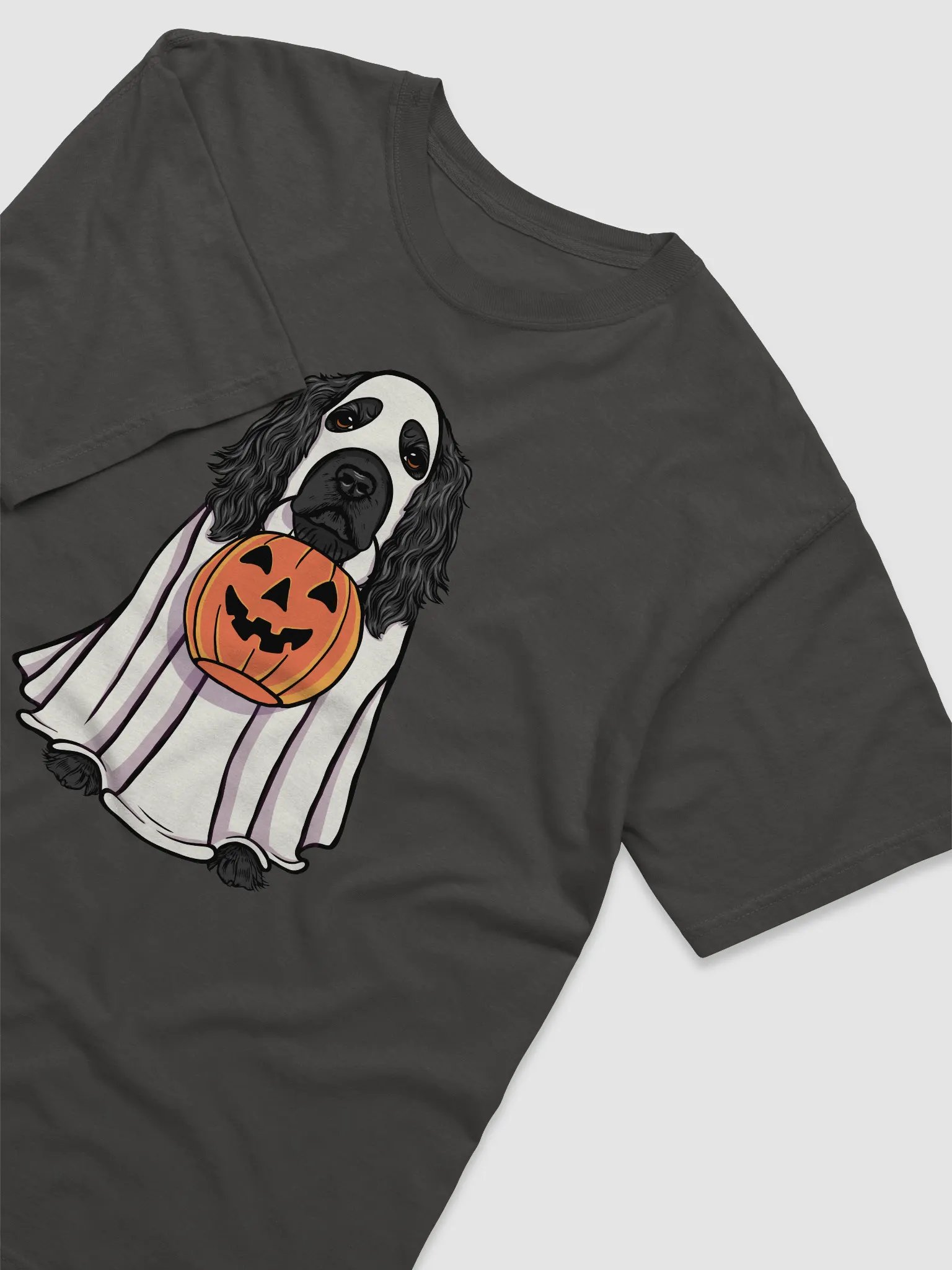 Funny Halloween Cocker Spaniel(Black) T-Shirt | Funny Cocker Spaniel Wearing a Ghost Costume and Holding a Pumpkin Basket product image (15)