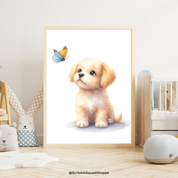 Curious Puppy and Butterfly Wall Art - Whimsical Nursery Decor product image (1)