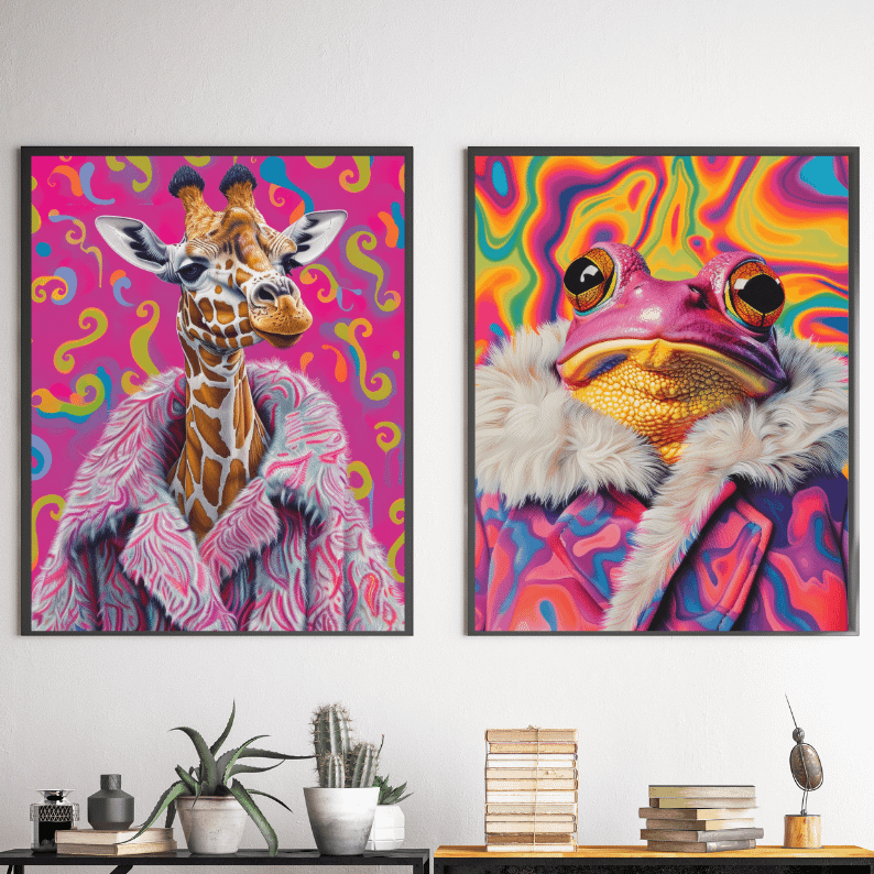 Maximalist Animal Fashion Art DIGITAL Print Set of 6 ~ Frog, Giraffe, Axolotl, Snail, Rhino, Peacock ~ product image (3)