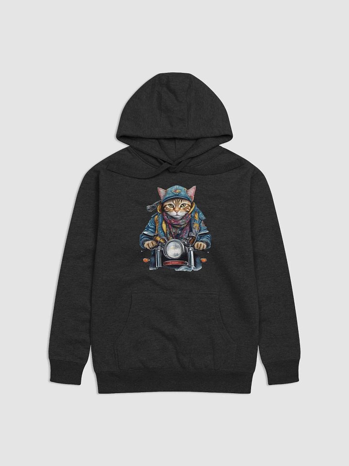 cat wearing a jackets hat and a scarf on a motorcycle Hoodie product image (7)