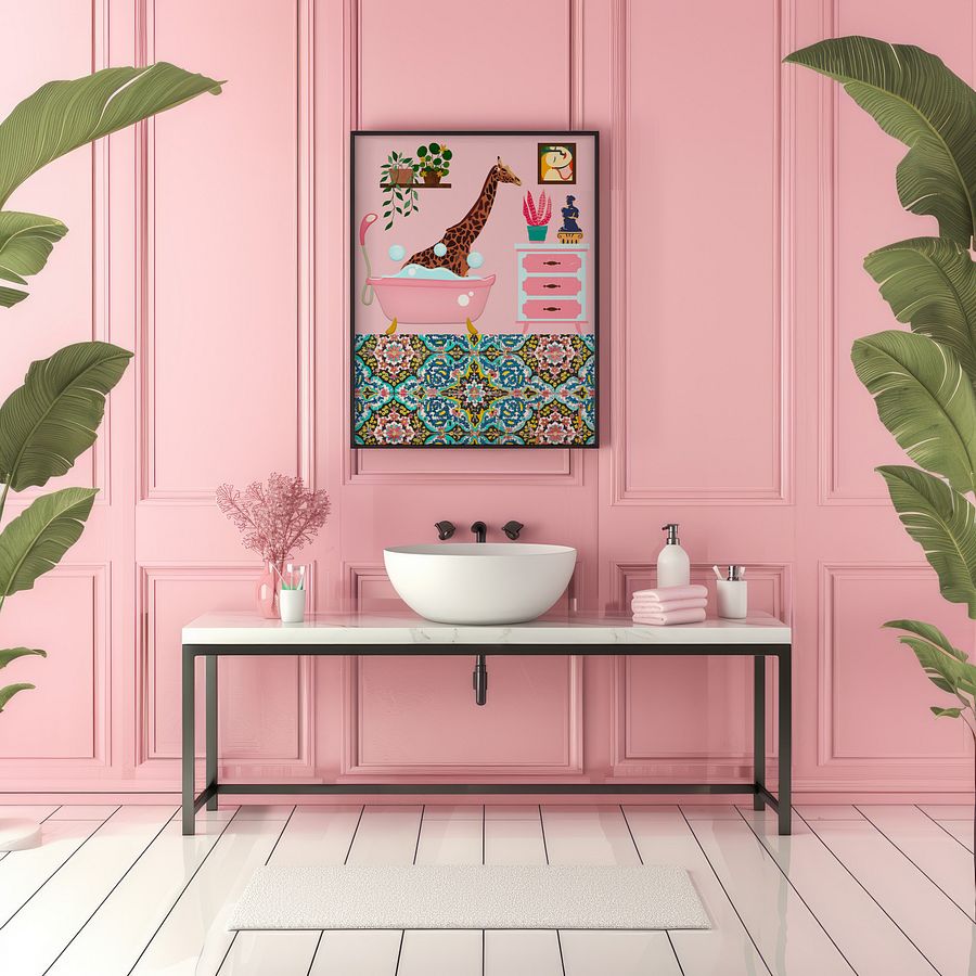Bathing Giraffe Pink Bathroom Wall Art Print product image (8)