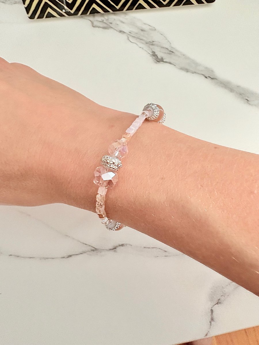 Blush Whisper | Faceted & Iridescent Bead stretch Bracelet with Lobster Clasp | Handmade 7.5" Coastal Charm | by Monique Faella Designs™ | MFD-00053 product image (1)