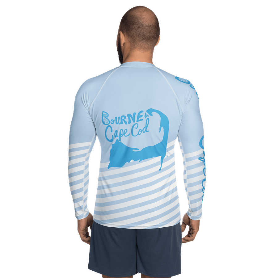 BRN.2C.C.™ /BOURNE to Cape Cod™ | Men’s Long Sleeve Rash Guard | UPF 50+ Active Coastal Shirt | Sky Blue Logos on Skyline Stirpes product image (4)
