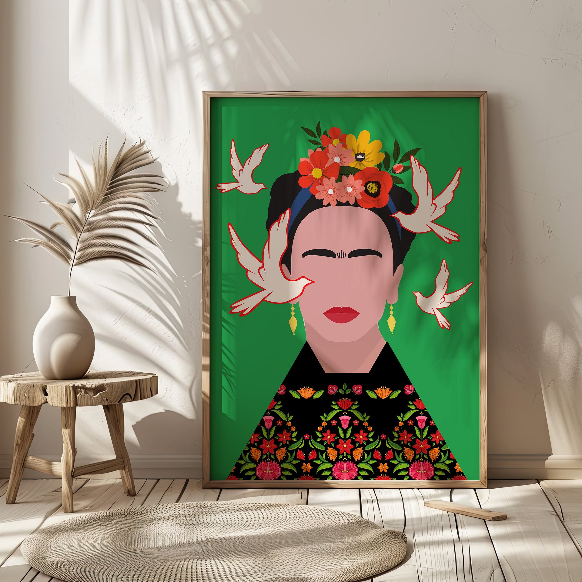 Frida Kahlo with Birds Folk Art Illustration Colorful Poster product image (2)