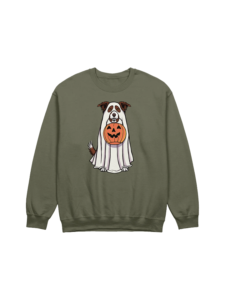 Funny Halloween Border Collie(Brown) Sweatshirt | Funny Border Collie Wearing a Ghost Costume and Holding a Pumpkin Basket product image (1)