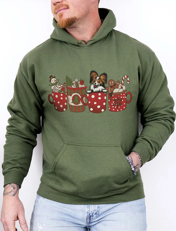 Cute Papillon in a Christmas Cup Hooded Sweatshirt | Funny Christmas Pup in a Cup product image (11)