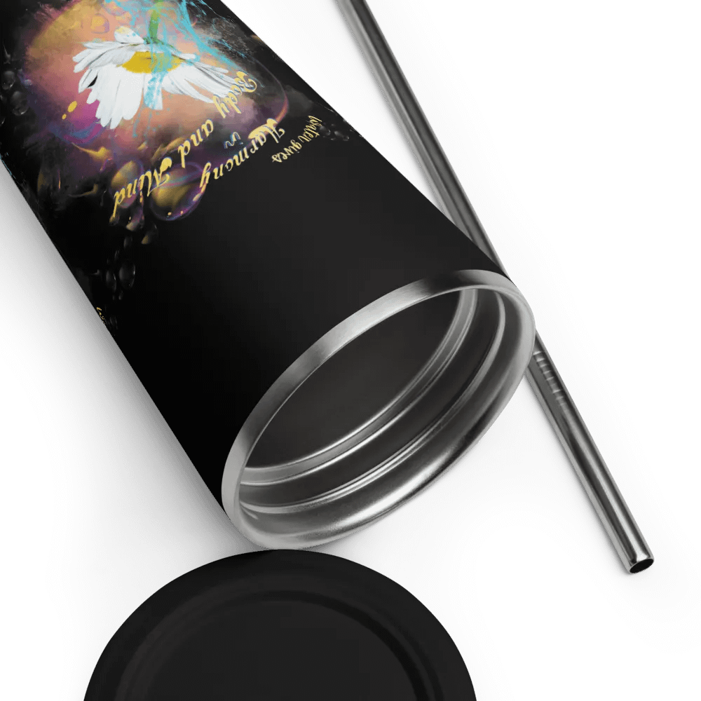 Insulated Tumbler with straw with beautiful swirly  water drop splash and drops design, featuring ‘This water gives Harmony in Body and Mind