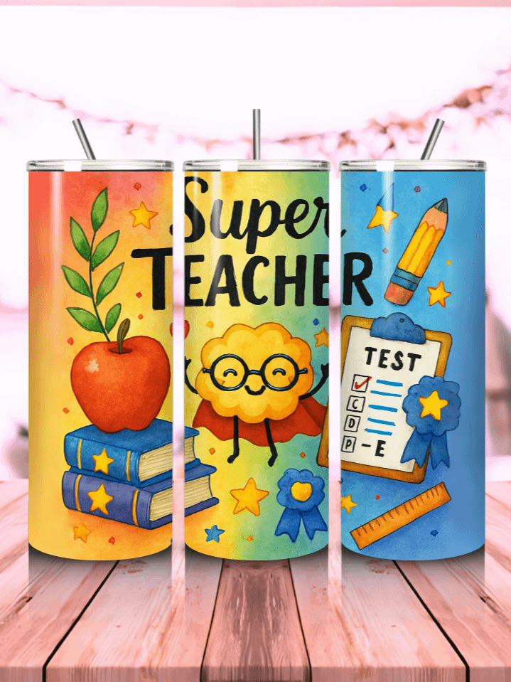 Teacher Tumbler Wrap PNG – 20oz Skinny Sublimation Design with Classroom Icons & Motivational Quote – Ideal for Daily Teacher Use – 300 DPI Instant Digital Download product image (1)
