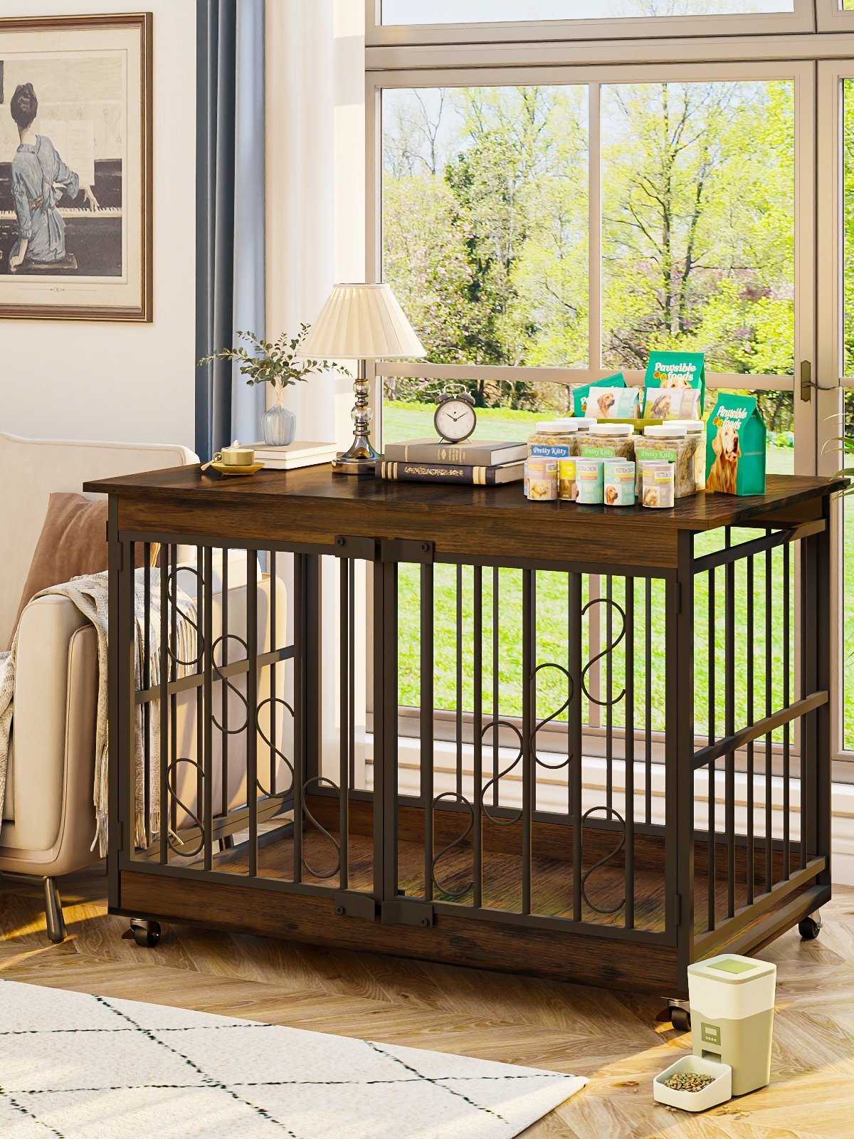 48 Inch Dog Cage Furniture for Extra Large Dog, Double-Doors Heavy Duty Dog Crate with 360° Caster Wheels, Dog Kennel Indoor Decorative Pet House Dog Cage Table, Brown product image (7)