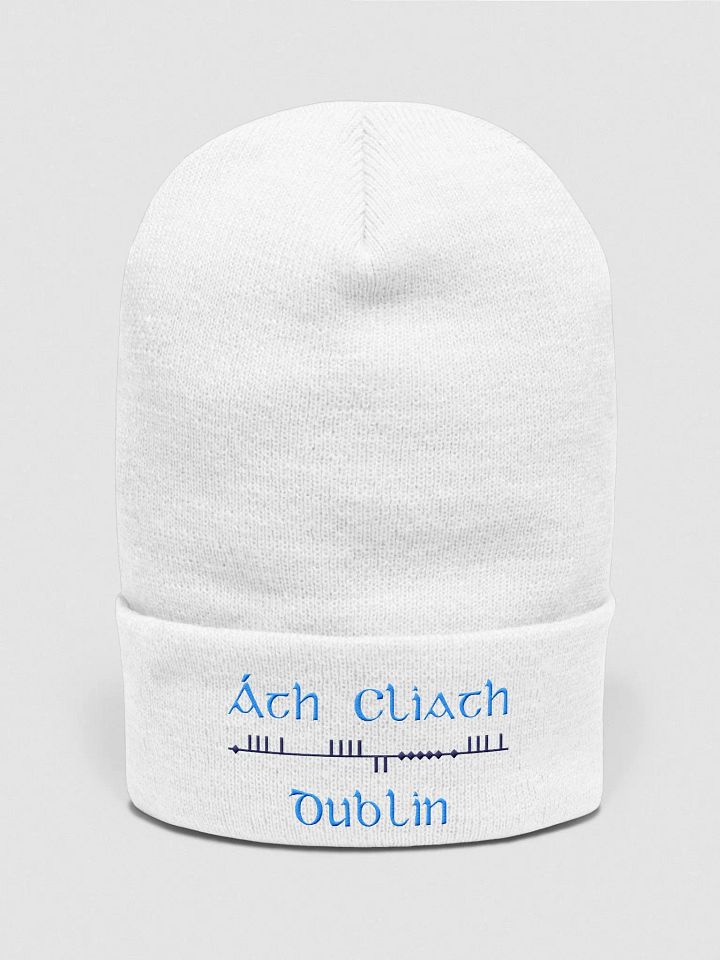Dublin/Áth Cliath Scholastic style Ogham, Light Blue and Navy, embroidered Cuffed Beanie product image (1)