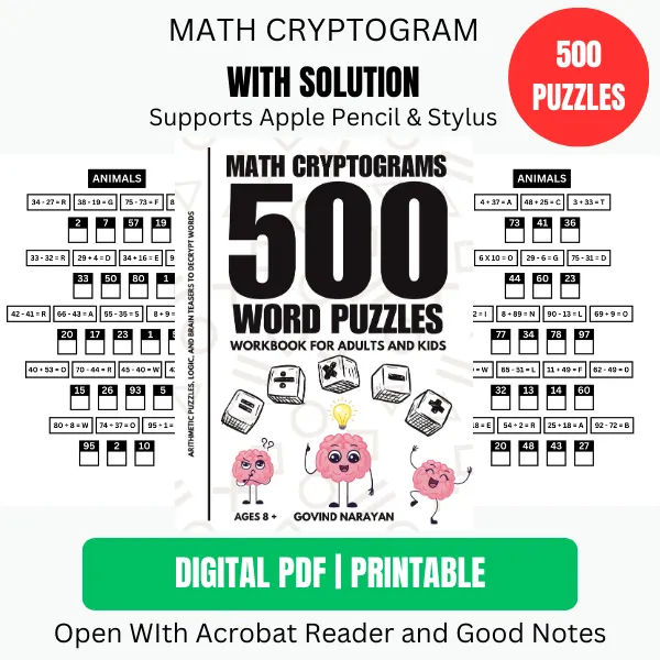 500 Math Cryptograms Word Puzzles Workbook for Adults and Kids | Ebook | Printable PDF product image (1)