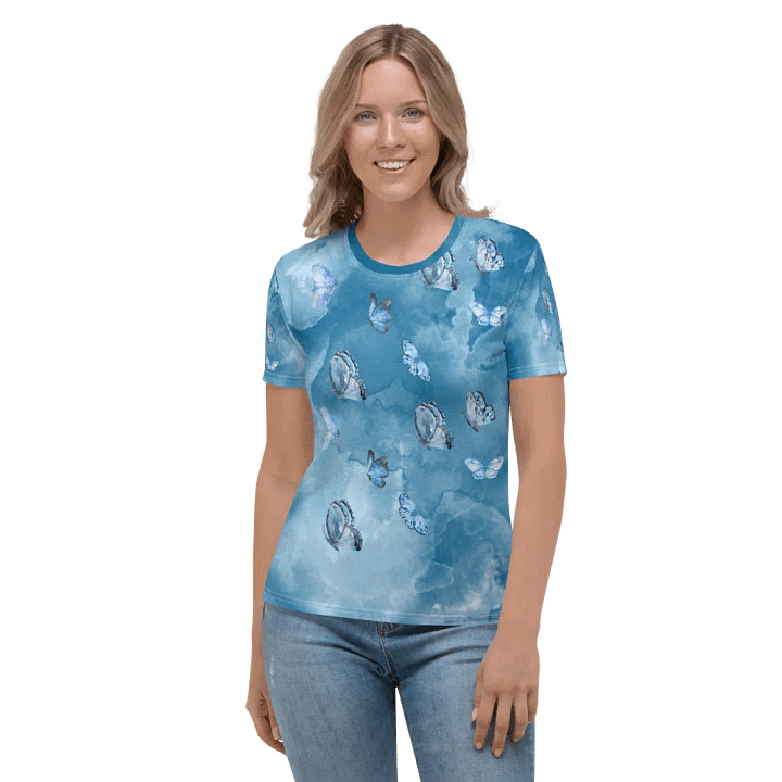 Womens all over printed t shit with light blue water color design with butterflies product image (2)